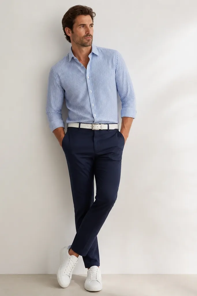 A man wearing a blue striped shirt tucked into navy chinos, white belt, and white leather sneakers; bright clean background.