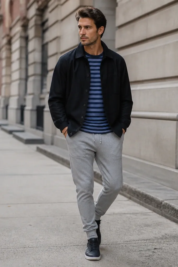 A man wearing a blue striped shirt under a black overshirt with gray joggers and black sneakers; casual city background.