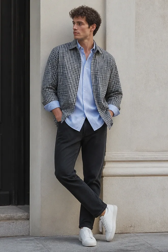 A man layered with a blue striped shirt under a black-and-white gingham overshirt, wearing white sneakers and black jeans; casual street style.