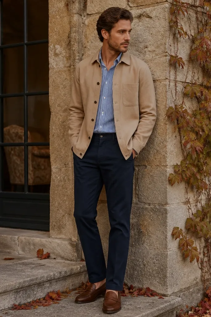 A man wearing a blue striped shirt under a tan overshirt, navy chinos, and brown leather loafers; fall color palette.