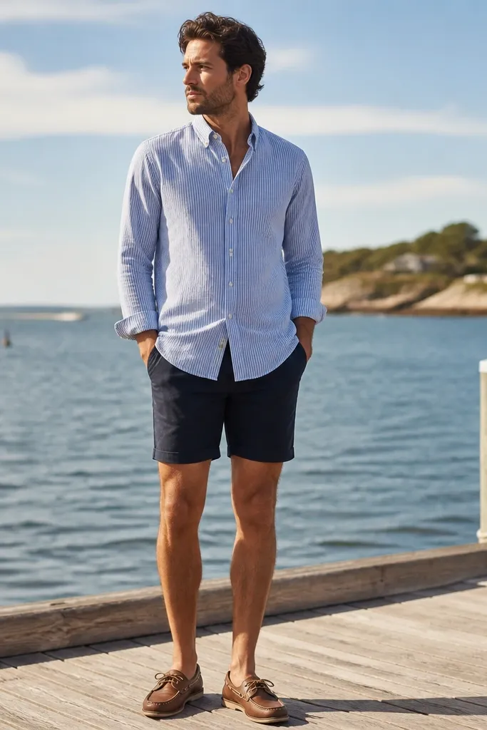 A man wearing a blue striped button-down untucked over tailored navy shorts, with brown boat shoes and no-show socks; bright coastal background.