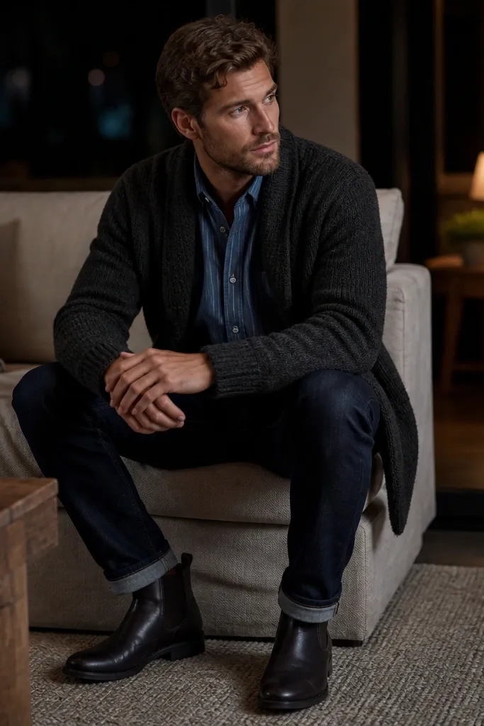 A man wearing a blue striped shirt under a longline knit cardigan in charcoal, dark jeans, and dark leather boots; indoor evening shot.