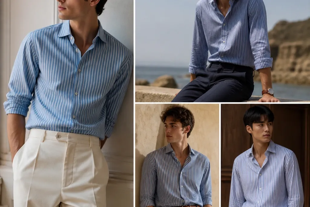 Aesthetic blue striped shirt outfit men ideas