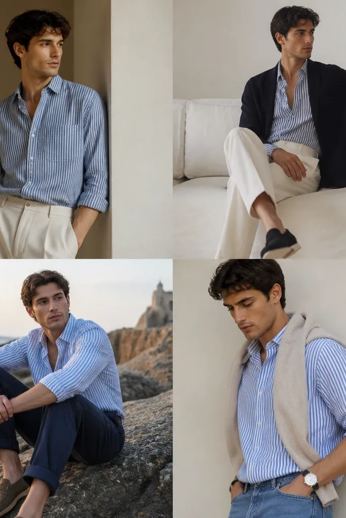 Aesthetic blue striped shirt outfit men ideas