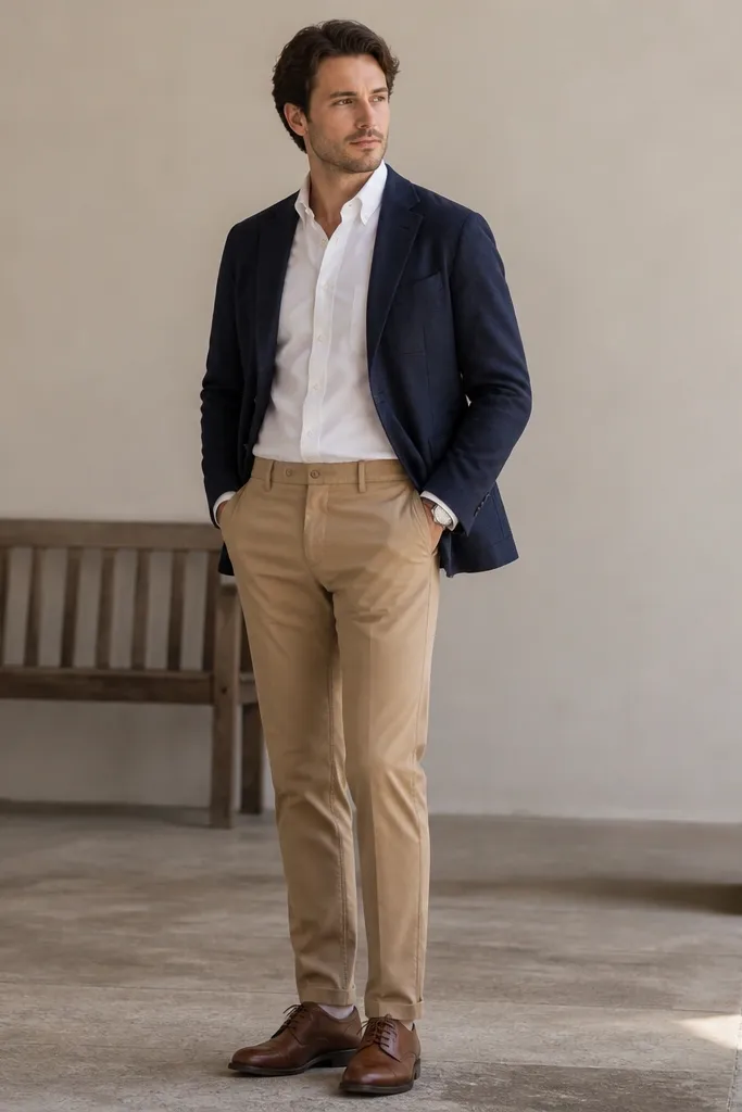A navy unstructured blazer worn over a crisp white button-down Oxford. Camel chinos sit at the natural waist with a slight taper. Brown leather lace-up derbies and a simple steel watch finish the look.