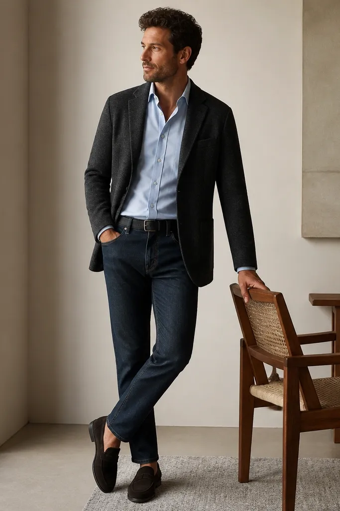 A charcoal knit blazer with a soft drape over a light blue dress shirt. Dark indigo jeans are worn with a clean break at the ankle. Black-brown suede loafers and a minimal belt complete the outfit.