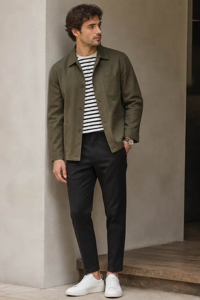 An olive chore jacket sits over a classic black-and-white striped crewneck tee. Black chinos are fitted with a tailored taper and a neat hem. White leather sneakers and a black leather watch strap finish it.