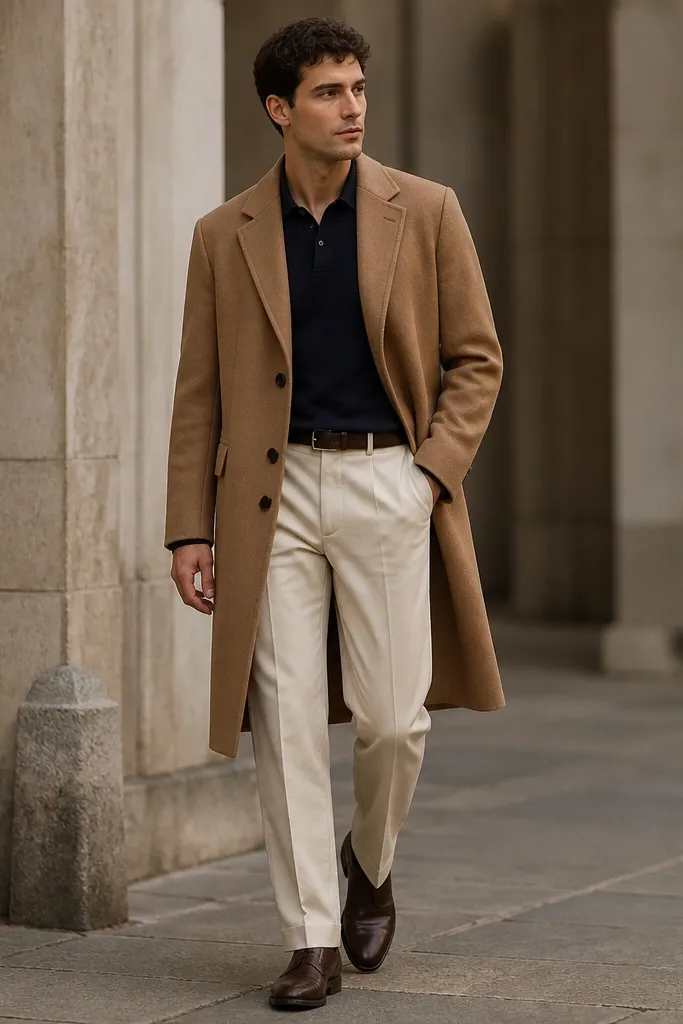 A camel overcoat over a navy sweater polo with a short collar. Cream trousers fall straight with a slight break. Dark brown leather shoes and a minimal leather belt complete the outfit.