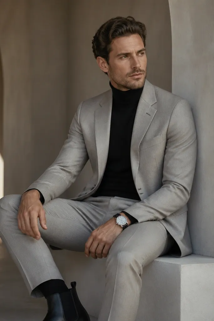 A light gray blazer paired with black turtleneck knit. Trousers match the blazer tone. Black leather Chelsea boots and a silver watch sit at the cuffs.