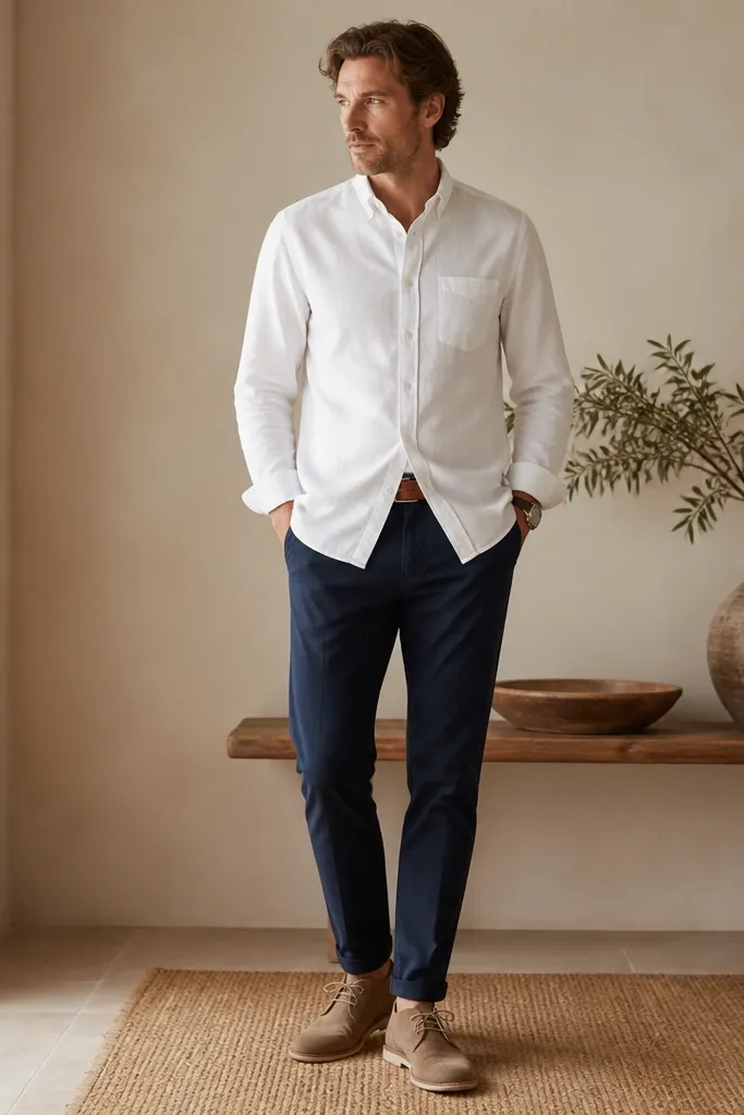 A white poplin shirt untucked over navy chinos. Suede desert boots in tan sit under the hem. A brown leather belt and a simple wristwatch finish the photo.