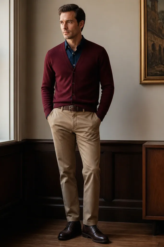 A burgundy cardigan buttoned over a navy dress shirt. Khaki trousers are straight and lightly tapered. Dark oxford shoes and a burgundy leather belt match the cardigan tone.