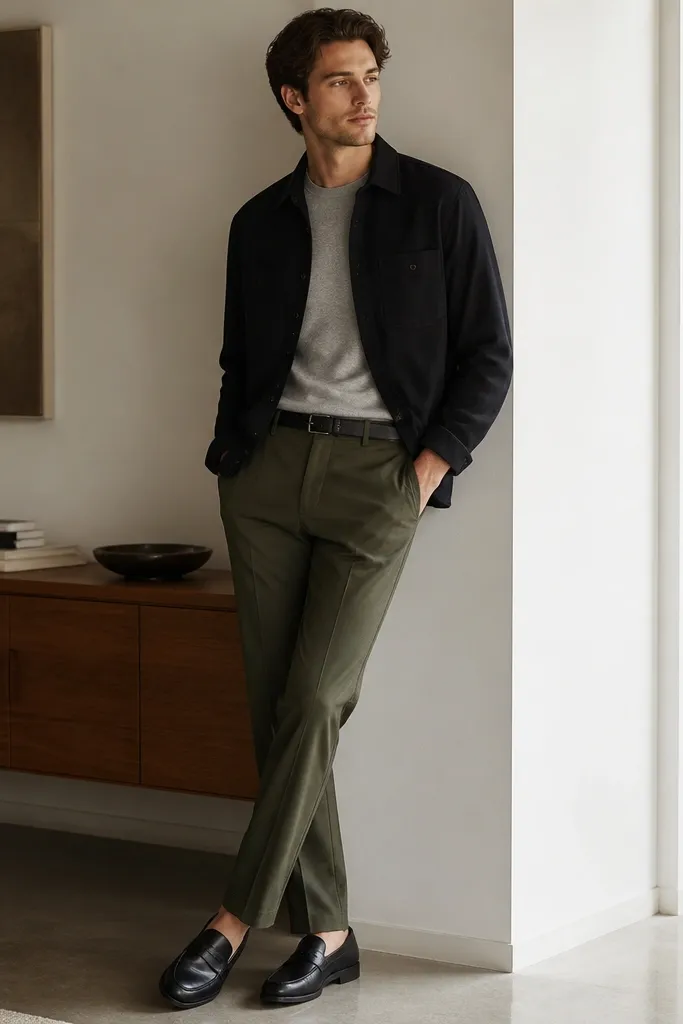 A black overshirt layered over a heather gray crewneck. Olive trousers are tapered and hit a clean break. Black leather loafers and a slim belt complete the look.
