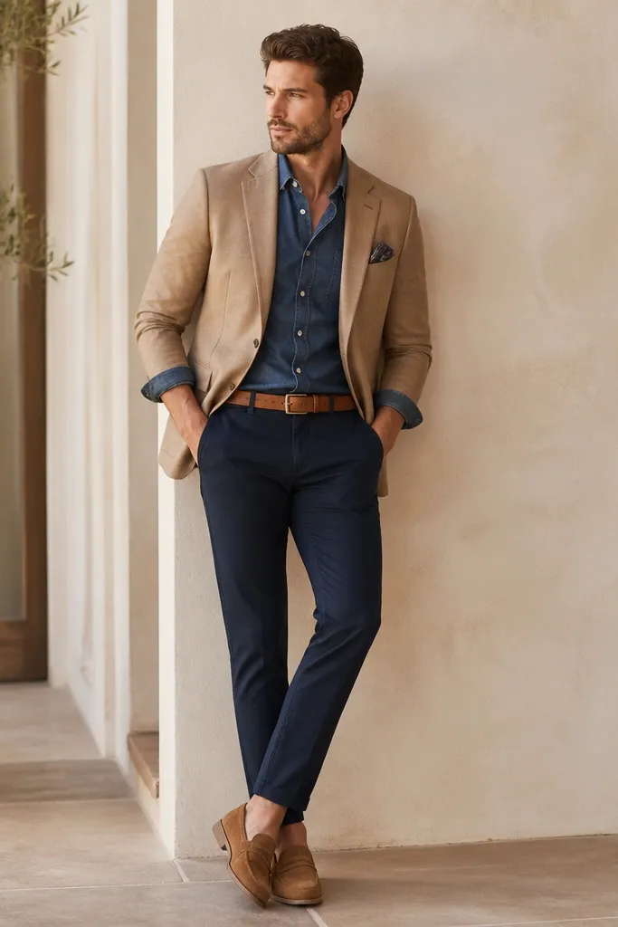 A tan blazer over a navy chambray shirt with rolled sleeves. Navy chinos sit neatly with a slight taper. Tan loafers and a matching belt complete the outfit.