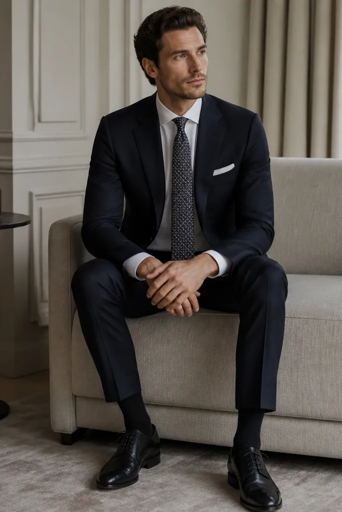 A solid navy blazer over a white dress shirt with a small geometric tie. Dark trousers match the blazer tone. Black leather Oxford shoes and a pocket square in white are shown.