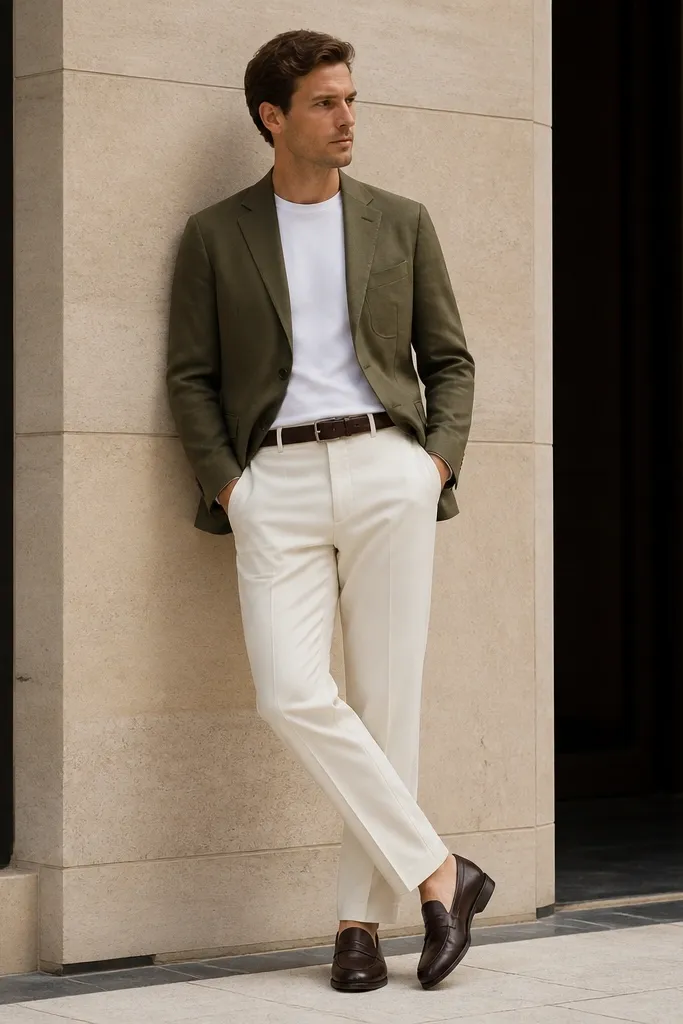 An olive-green blazer worn over a plain white crewneck tee. Off-white trousers are straight and neatly pressed. Dark brown belt and loafers finish the look.