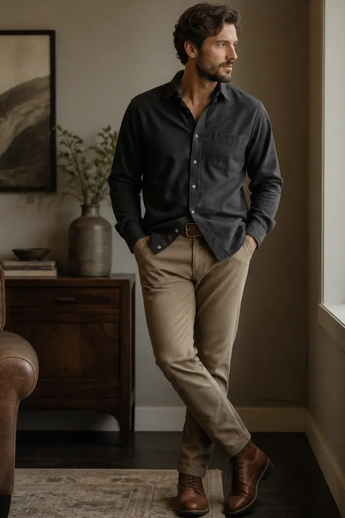 A charcoal flannel button-up worn untucked over tan chinos. The shirt has a slightly open collar and visible buttons. Brown leather boots and a matching belt are shown.