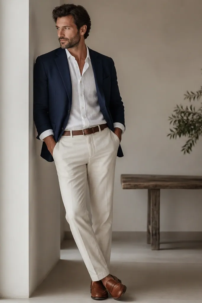 A navy blazer over a white linen button-down with sleeves rolled. Brown loafers and a brown belt match the shoes. The linen shows natural texture and soft wrinkles.