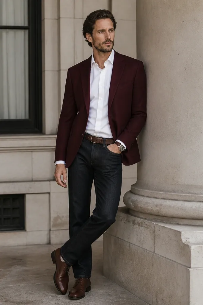 A burgundy blazer over a white button-down shirt. Dark raw or dark washed denim sits neatly with a straight leg. Burgundy-brown leather shoes and a simple watch finish it.