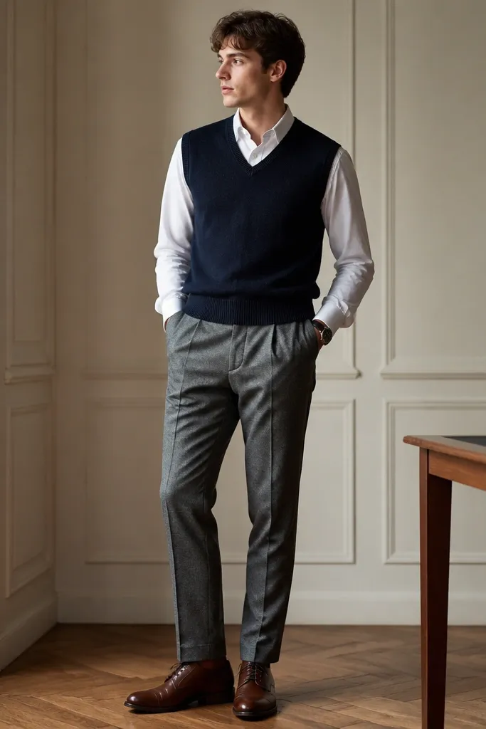 Gray flannel trousers paired with a navy sweater vest over a white button-down. The vest has a V-neck and ribbed trim. Brown leather oxfords and a watch complete the look.