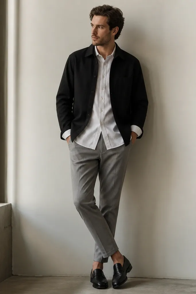 A black overshirt layered over a light shirt. The overshirt is open, showing white shirt cuffs at the wrist. Gray chinos are tapered and paired with black loafers.