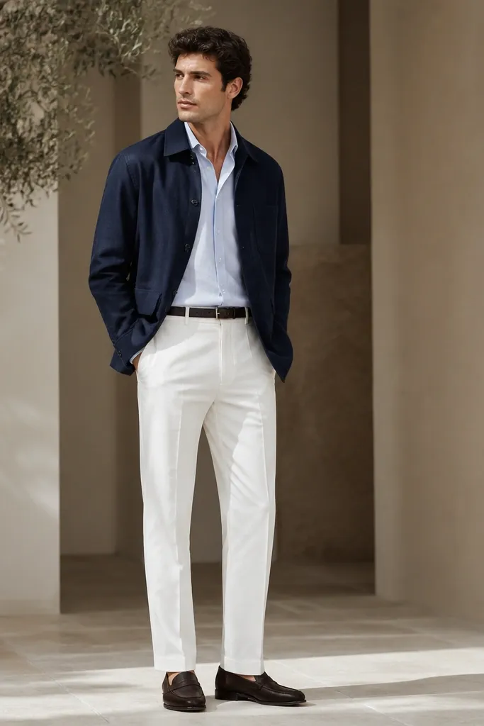 A navy shirt jacket worn over a light shirt. White trousers are straight and pressed, with a small break at the hem. Dark loafers and a slim belt are shown.