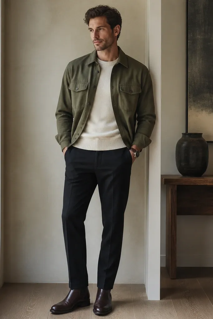 An olive overshirt layered over a cream knit crewneck. Dark trousers are straight and tailored. Dark brown leather boots and a leather watch strap are shown.