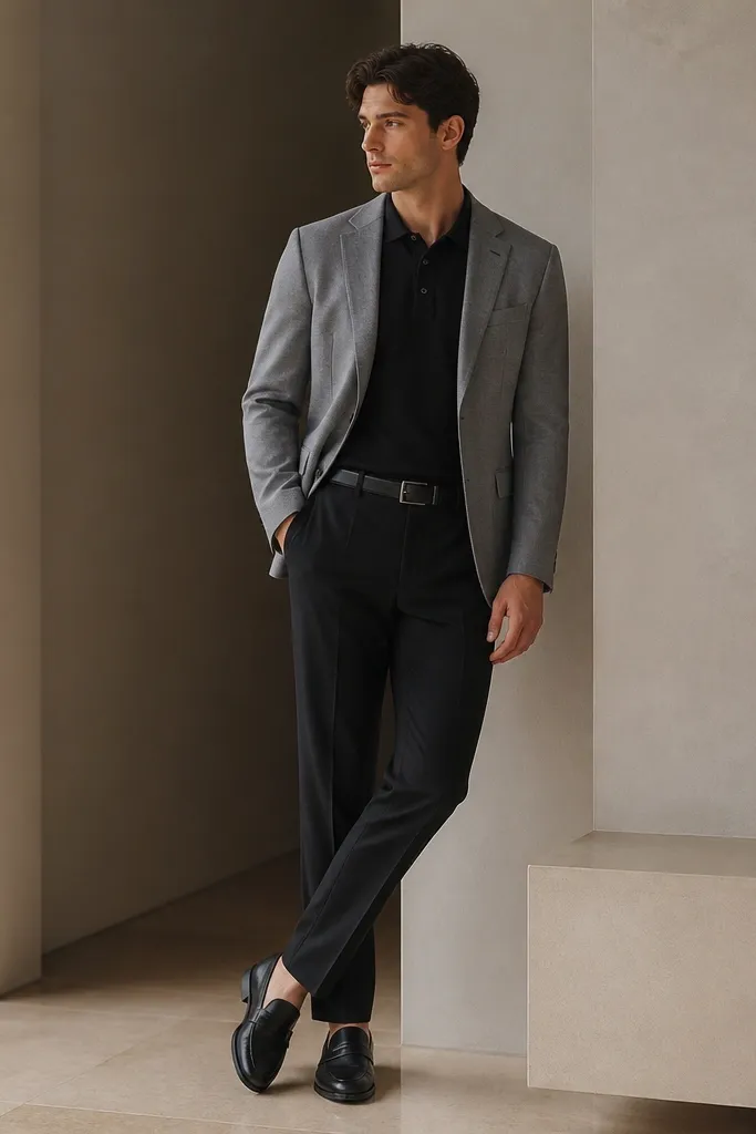 A gray blazer over a black polo shirt. Black trousers are pressed with a clean break. Black leather loafers and a black belt complete the look.