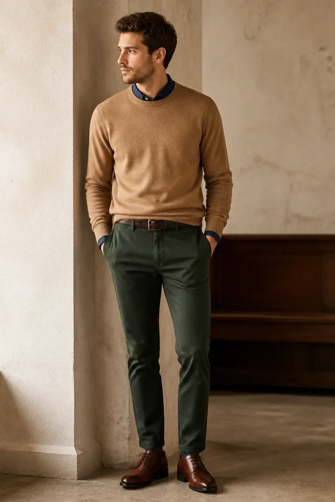 A camel crewneck sweater worn over a navy button-down. Dark green chinos are tapered and hemmed cleanly. Brown leather shoes and a leather belt finish the outfit.