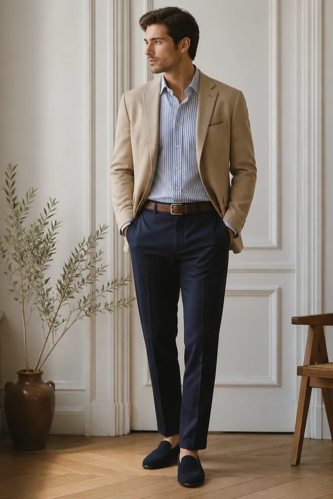 A tan blazer over a blue-and-white striped Oxford cloth button-down. Navy loafers and a brown belt appear below. The shirt is tucked neatly with a clean waistband line.