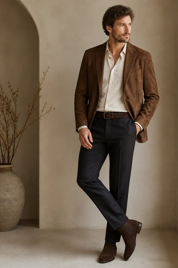 A brown suede blazer with a soft texture over a cream button-down. Dark trousers are tailored with a slight taper. Dark brown Chelsea boots and a suede belt are shown.