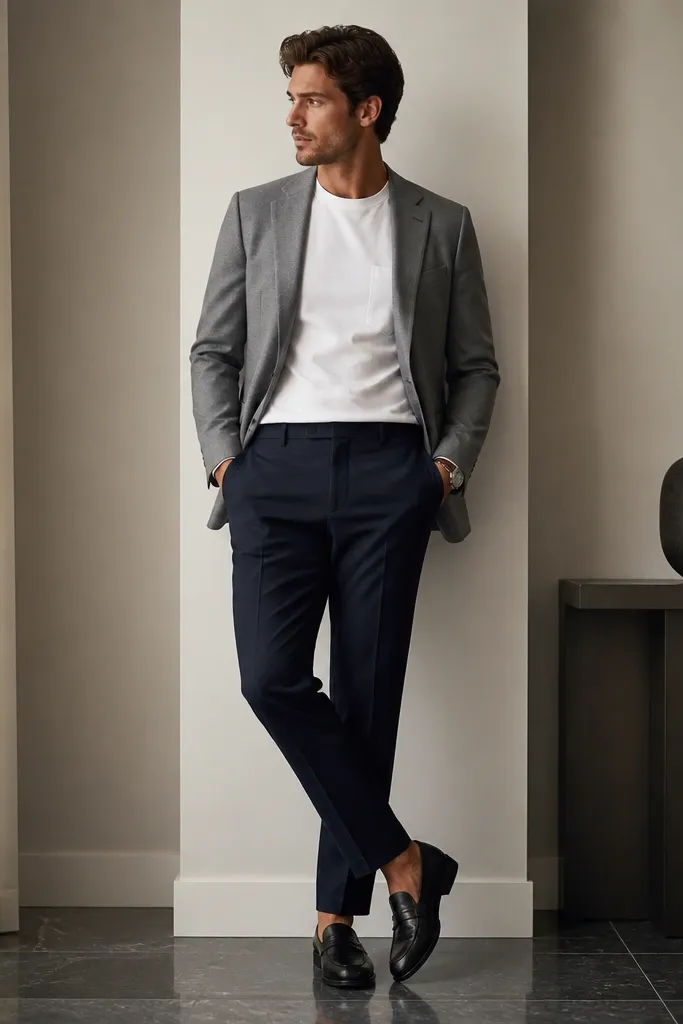 A gray blazer over a white pocket tee. Navy suit trousers are pressed and tailored. White pocket tee shows a small left chest pocket. Black loafers and a watch finish it.
