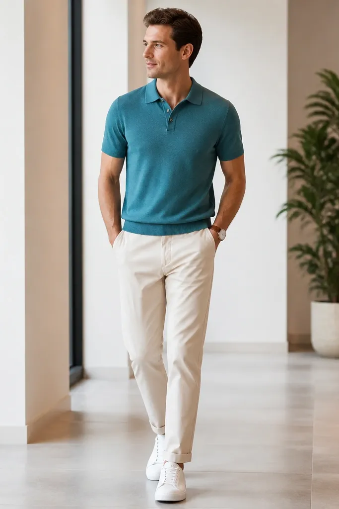 A teal knit polo with a structured collar over cream chinos. Clean white sneakers are paired with a brown leather watch strap. The outfit looks bright but still office appropriate.