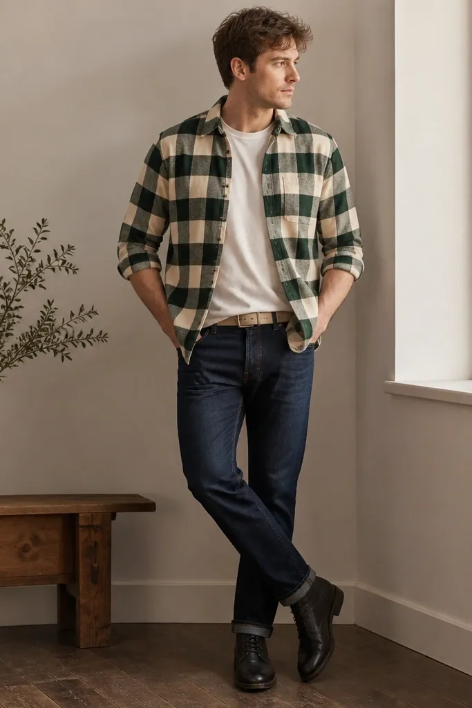 A man wearing a cream flannel with thick green buffalo check, sleeves rolled to mid-forearm, paired with dark indigo straight-leg jeans and black leather lace-up boots. Off-white belt, simple crew-neck tee underneath.