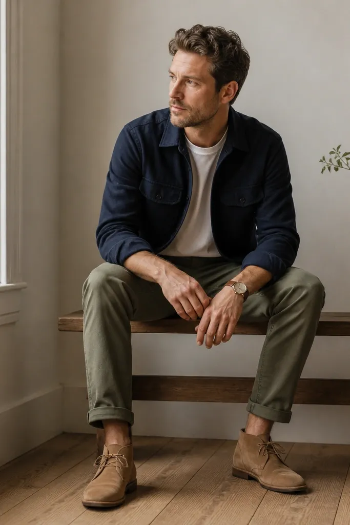 A navy flannel overshirt layered over a white crew tee, paired with olive chinos. The man has a brown leather watch strap and tan suede desert boots.