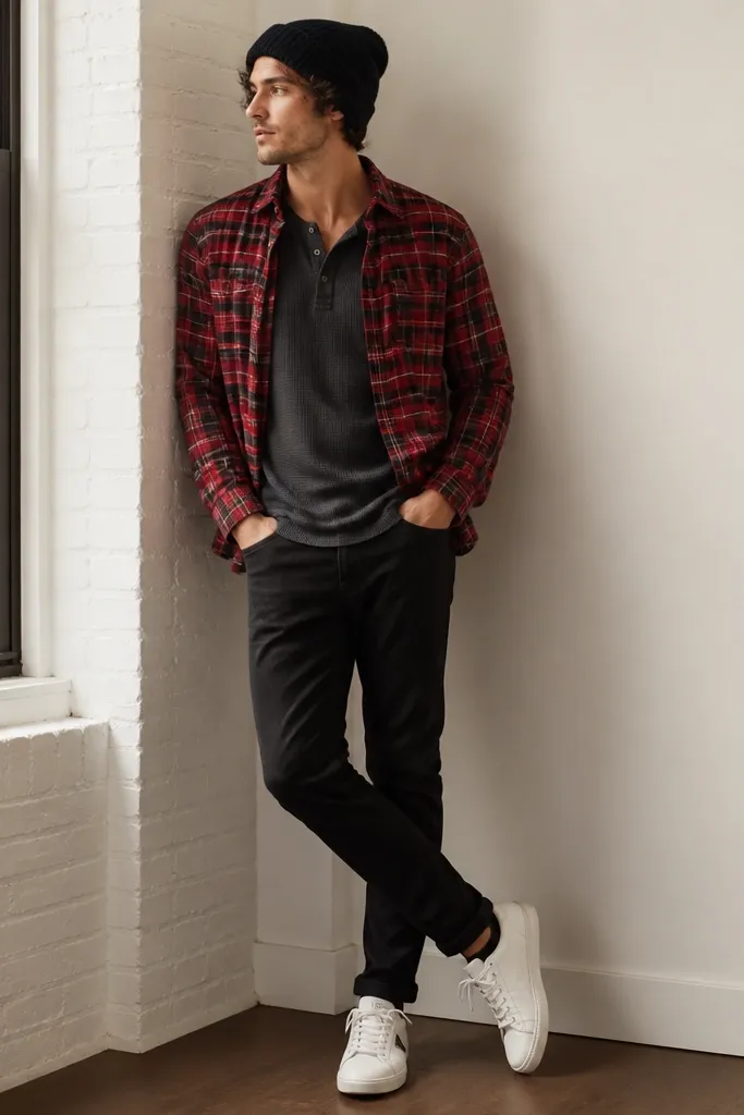 A red plaid flannel worn open over a charcoal henley, with black slim-straight jeans. White sneakers and a black knit beanie appear in the frame.