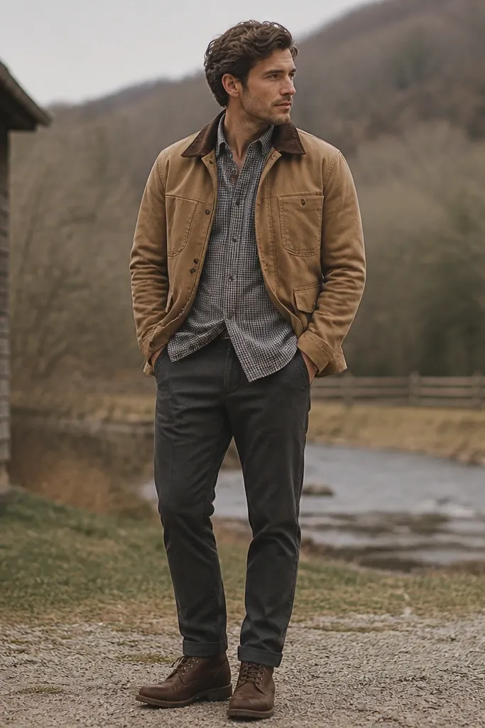 A gray flannel with small check pattern tucked slightly at the front, layered under a tan canvas work jacket. Dark charcoal chinos and brown leather boots.