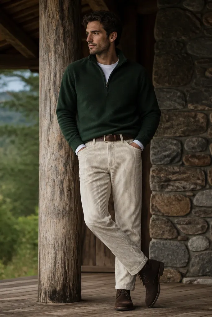 A forest green flannel quarter-zip sweater layered over a white long-sleeve shirt, paired with cream corduroy pants. Brown suede chukkas and a simple leather belt.
