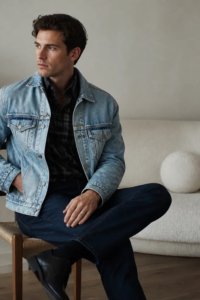 A black watch plaid flannel worn buttoned, layered with a light blue denim jacket. Dark jeans and black leather shoes, with a simple chain necklace visible.