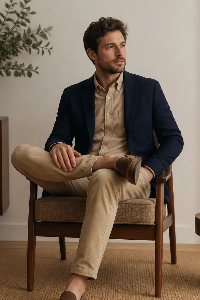 A sandstone beige flannel button-up worn under a navy blazer, with tan chinos and brown loafers. The flannel hem is slightly visible at the blazer opening.