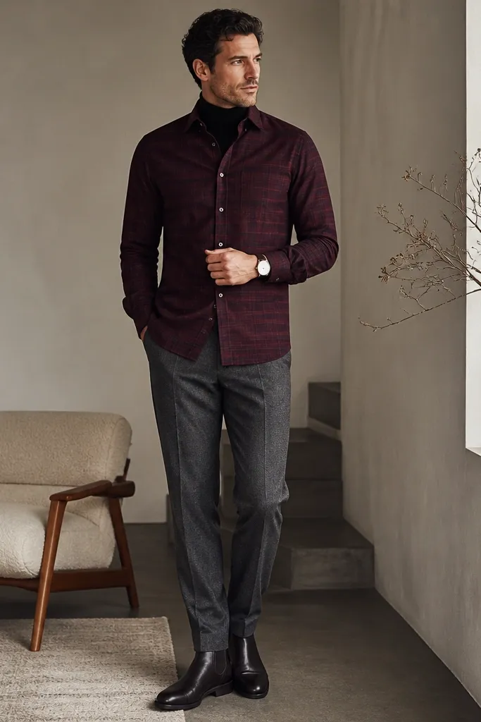 A burgundy flannel worn buttoned over a black turtleneck, paired with gray wool trousers. Dark Chelsea boots and a minimal watch complete the look.