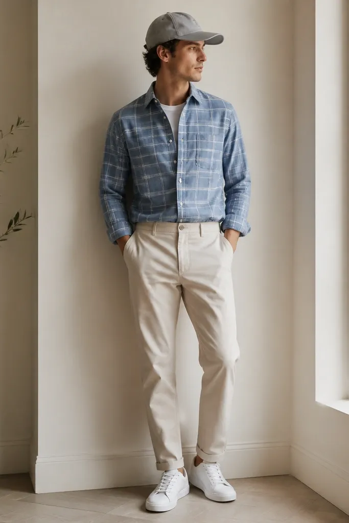 A light blue windowpane flannel buttoned over a white tee, tucked into cream chinos. White low-top trainers and a light gray cap.