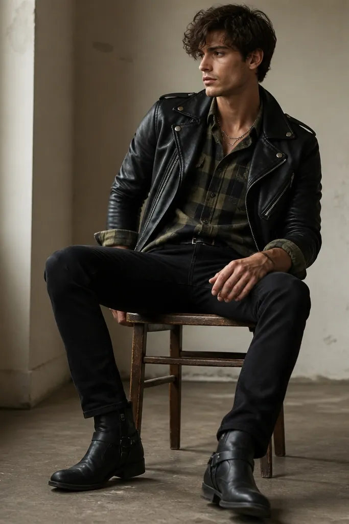 An olive plaid flannel layered under a black moto jacket, sleeves rolled. Slim black jeans and black leather boots, with a silver chain at the collar.