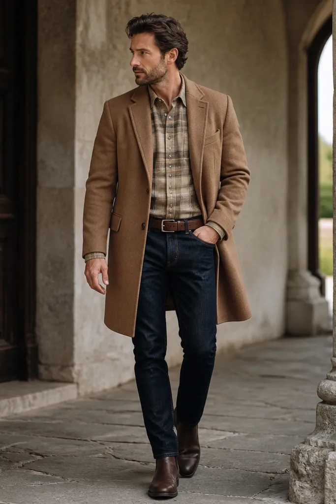A tan flannel button-up worn with navy jeans and a camel wool overcoat. Brown leather belt and dark brown boots, with the flannel cuffs peeking out.