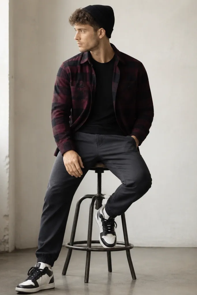 A burgundy-and-black plaid flannel worn open over a black tee, paired with charcoal joggers. White-and-black leather sneakers and a beanie.