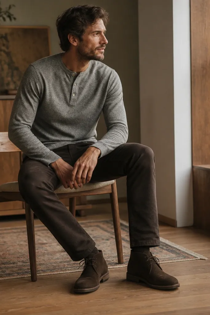 A heather gray flannel henley with two-button placket, worn with dark brown chinos and dark brown suede chukka boots.