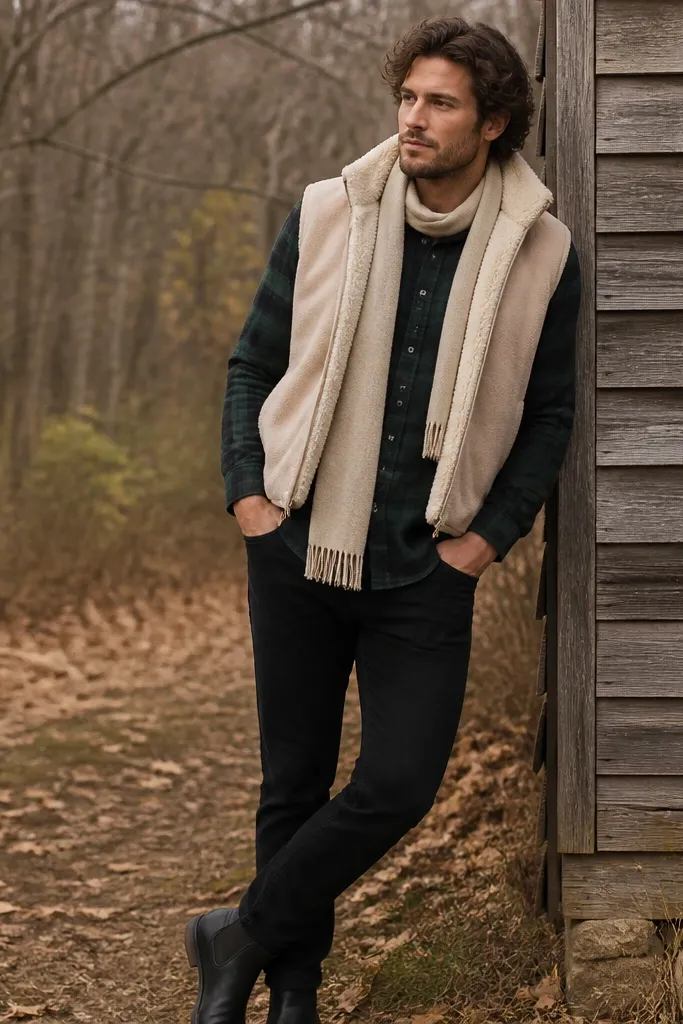 A forest green flannel button-up worn under a cream shearling-lined vest. Black jeans and black boots, with a scarf in cream.