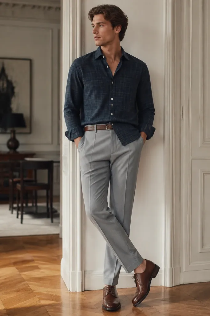 A navy flannel button-up worn half-tucked into light gray suit trousers. Brown leather derbies and a slim brown belt, no tie.