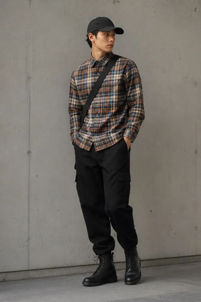 A multicolor plaid flannel worn buttoned, paired with black cargo pants. Black combat boots, black cap, and a crossbody bag strap across the chest.