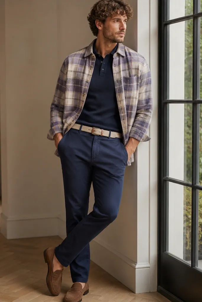 A pastel plaid flannel worn open over a navy knit polo. Navy chinos, brown suede loafers, and a light cream belt.