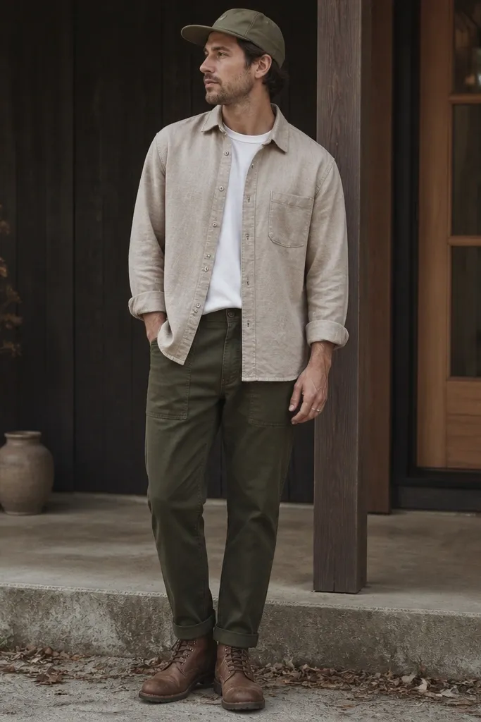 An oatmeal flannel button-up worn half-tucked over a white tee, paired with dark olive fatigue pants. Olive cap, brown boots, and simple silver ring on the hand.